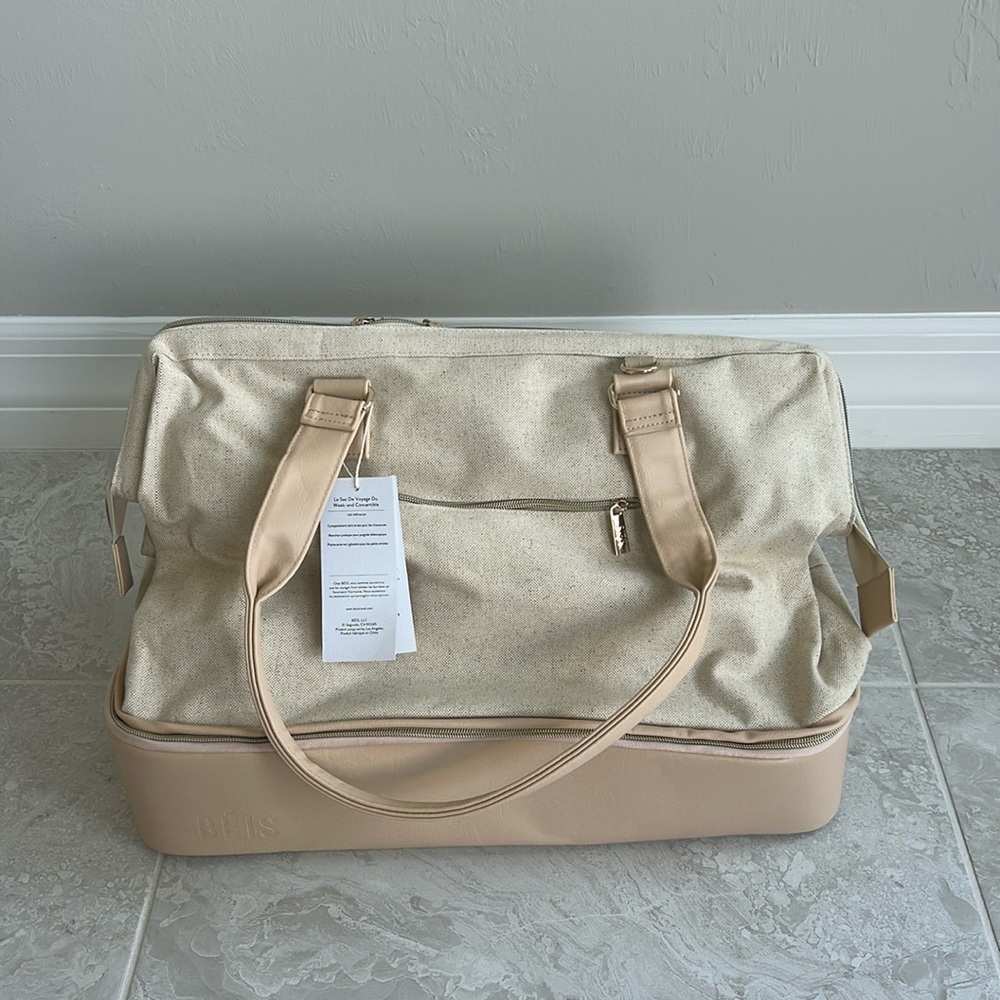 BEIS Cream and Tan Travel Duffle with Bottom Compartment